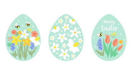 Floral Easter egg set Cute eggs with flower collection. Happy Easter decorative graphic element isolated. Spring holiday vector illustration. Easter egg with floral ornament. Meadow garden flowers.