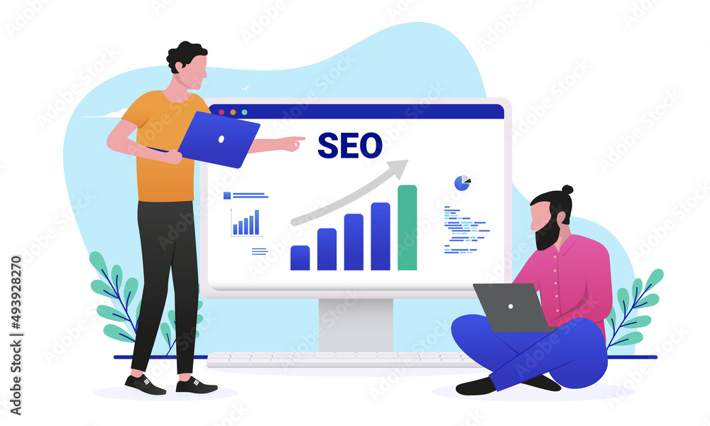 Leinwandbilder seo results - two people working with search engine optimisation on computer screen. flat design vec