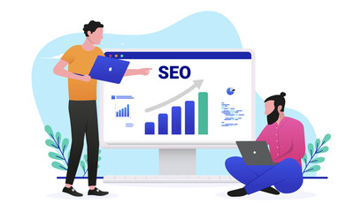 SEO results - Two people working with search engine optimisation on computer screen. Flat design vector illustration with white background