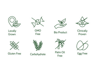 quality food line icon set locally grown, GMO-free, bioproduct, clinically proven, gluten-free, carbohydrate, palm oil-free, egg-free