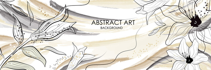 Vector poster with flowers in line art style on a watercolor background. Abstract background.	