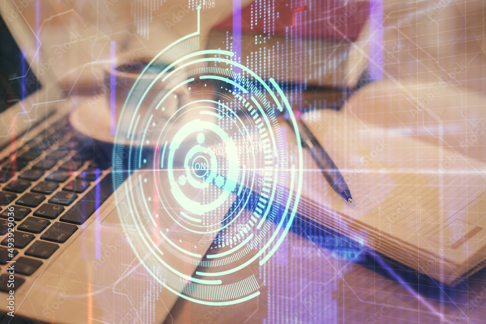 Aufkleber Double exposure of technology theme drawing and desktop with coffee and items on table background. Concept of data research.