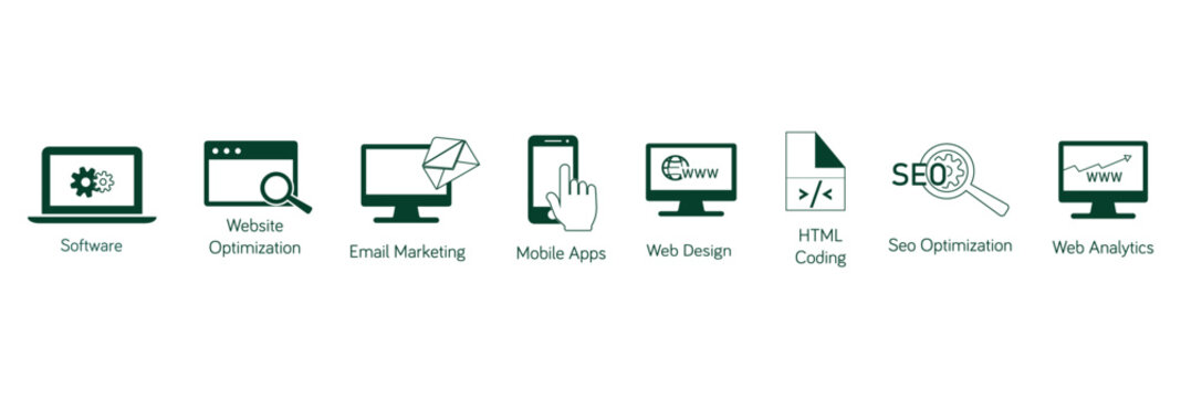 SEO icon set software, website optimization, email marketing, mobile app, web designing, HTML coding, SEO optimization, a web analytics 