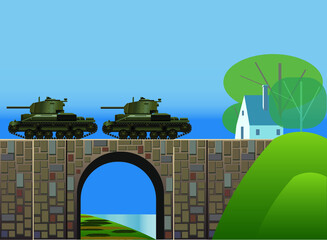 ww2 tanks moving across the stone bridge in the countryside, vector illustration