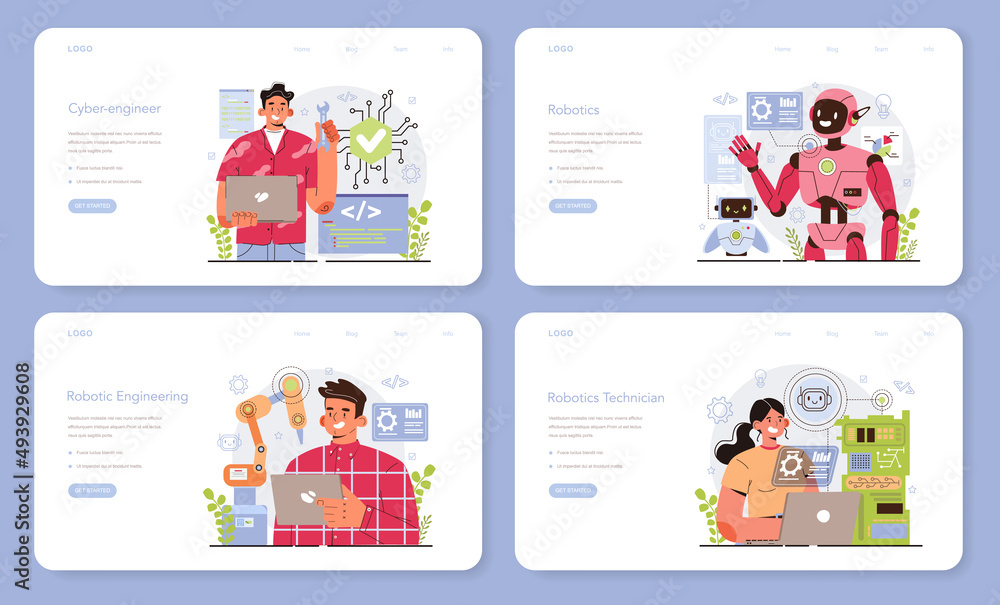 Poster cyber engineering web banner or landing page set. robotics' constructing