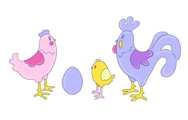 Easter colourful illustration with rabbits, chickens, eggs, and flowers on white background. Hand-drawn children style characters. Pastel colours spring elements.