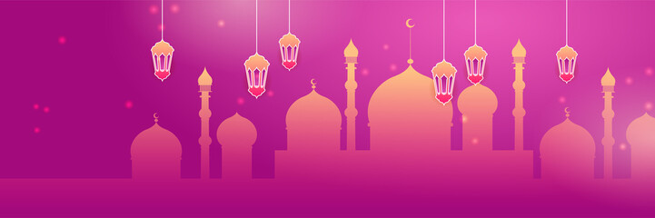 Ramadan style decoration magenta and yellow colorful banner design background