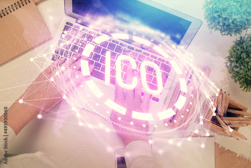 Aufkleber double exposure of woman hands working on computer and blockchain theme hologram drawing. top view. 
