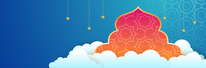 Ramadan style decoration blue orange colorful banner design background
