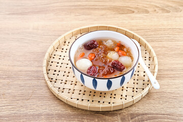 Peach Gum, Chinese traditional drink that contains peach gum, bird nest, red dates, snow fungus, goji berry, and rock sugar. 
