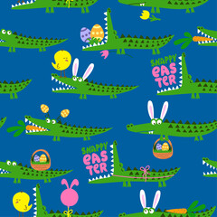Happy Easter Crocodile pattern design with several alligators - funny hand drawn doodle, seamless pattern. Adorable characters. Hand drawn doodle set for kids. Good for textile, nursery, wallpaper.