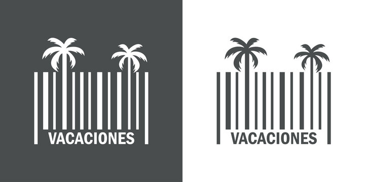 Beach holidays. Destino de vacaciones. Banner con texto Vacaciones en espa&ntilde;ol con silueta de palmera en c&oacute;digo de barras con l&iacute;neas en fondo gris y fondo blanco