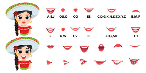 Mexican Girl and mouth animation set. Mouths pronounce letters. Lip movement. Various open mouth options with lips, tongue and teeth. Isolated vector illustration - obrazy, fototapety, plakaty