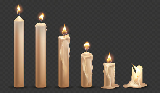 Lit candle animation. Realistic burning candles, spiritual church flame, wax wick for christmas holiday birthday or spa meditation, religion paraffin, 3d tidy vector illustration