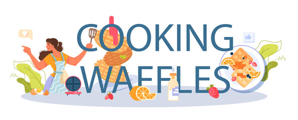 Cooking waffles typographic header. Sweet Belgian pastries with cream