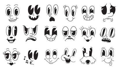 Fototapeta Facial mascot 30s. Looking toon faces quirky characters, creator cartoon laughing persona without limbs, retro vintage comic animation face eye caricature neat vector illustration obraz