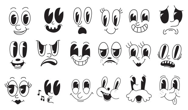 Facial mascot 30s. Looking toon faces quirky characters, creator cartoon laughing persona without limbs, retro vintage comic animation face eye caricature neat vector illustration
