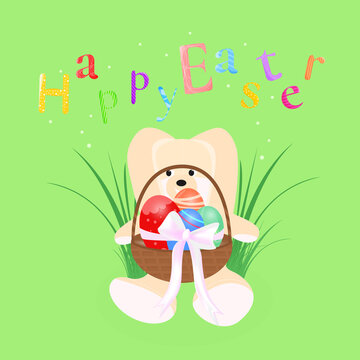 Cute Happy Easter lettering. Greeting card with Easter bunny holding a basket with colorful eggs. cartoon vector illustration