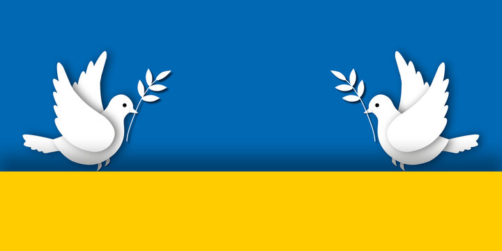Paper white dove or pigeon carrying olive branch flying on Ukrainian flag background, Concept for Peace and stop the war, space for the text, paper cut design style.