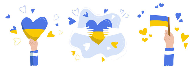 Hand drawn ukrainian heart with hands in color isolated on white background, elements for poster, banner, card, t-shirt. Pray for Ukraine. Social assistance and support. Vector illustration