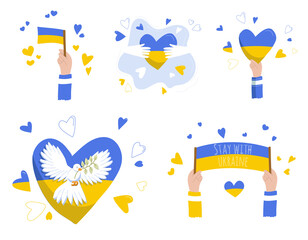 Hand drawn ukrainian flag Stay with Ukraine in color isolated on white background, elements for poster, banner, card, t-shirt. Pray for Ukraine. Social assistance and support. Vector illustration
