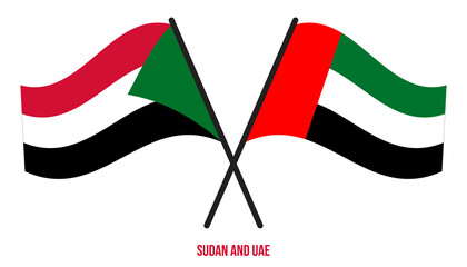 Sudan and UAE Flags Crossed And Waving Flat Style. Official Proportion. Correct Colors.