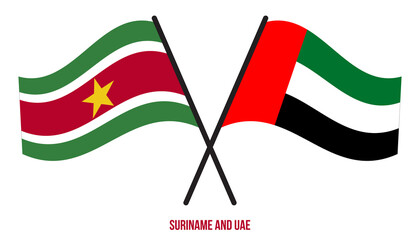 Suriname and UAE Flags Crossed And Waving Flat Style. Official Proportion. Correct Colors.
