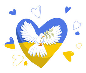 Hand drawn ukrainian flag heart with white dove in color isolated on white background, element for poster, banner, card, t-shirt. Pray for Ukraine. Social assistance and support. Vector illustration