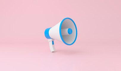 Megaphone in blue and white color on pastel pink background.