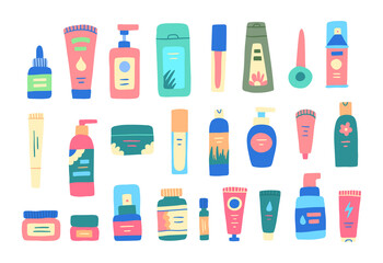 Cartoon Color Beauty Cosmetic Product Icon Set Include of Cream, Shampoo and Lotion. Vector illustration of Icons