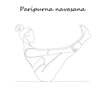 Continuous line drawing. Young woman making yoga exercise, silhouette picture. Oneline drawn black and white illustration