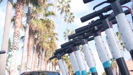 Row of rental electric scooters parked on street sidewalk, many palm trees in city near Los...