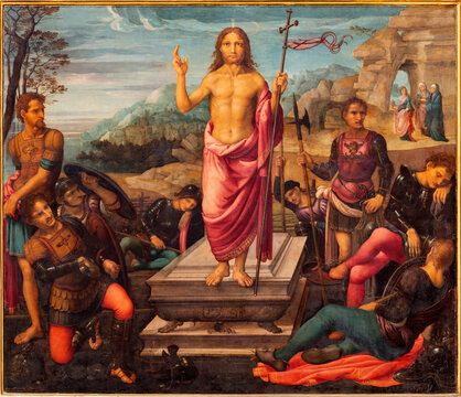 VALENCIA, SPAIN - FEBRUAR 14, 2022: The painting Resurrection of Jesus on the main altar  in the Cathedral  by Fernando Yanez de la Almedina and  Hernando de los Llanos (1506 - 1510).