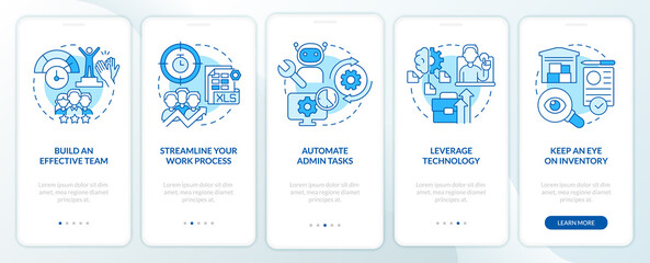 Ways to increase business efficiency blue onboarding mobile app screen. Walkthrough 5 steps graphic instructions pages with linear concepts. UI, UX, GUI template. Myriad Pro-Bold, Regular fonts used
