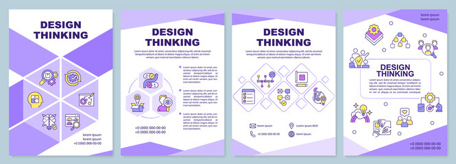 Fototapeta na wymiar Design thinking purple brochure template. Development of product. Leaflet design with linear icons. 4 vector layouts for presentation, annual reports. Arial-Black, Myriad Pro-Regular fonts used