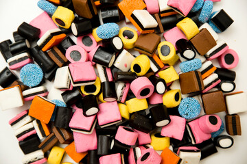 Sweet gummies, licorice gums, candies for kids and grown-ups .