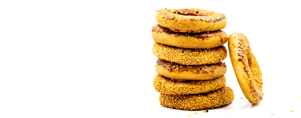 Traditional Turkish Sesame Rings Kandil Simidi isolated on a white background. Copy space. Space for text area