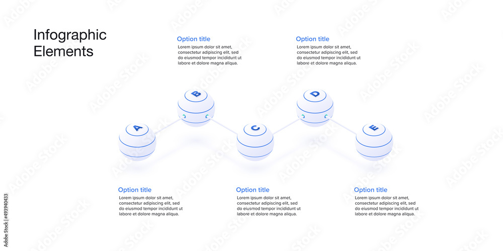 Wall mural Business process chart infographics with 5 step spheres. Spherical corporate workflow graphic elements. Company flowchart presentation slide. Vector info graphic in isometric design.