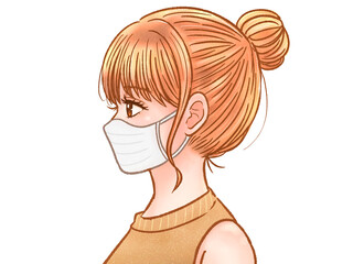 マスクをつけた大人女性の横顔イラスト