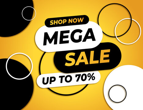 Shop npw. MEGA SALE. Up to 70%. Banner or poster for web, business, advertising, markeying, store and shops. Vector illustration.