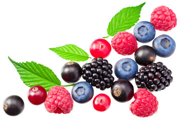 mix of blueberry, blackberry, cranberry, raspberry with leaves isolated on white background. top view. clipping path