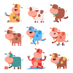 Funny cow characters vector cartoon set isolated on a white background.