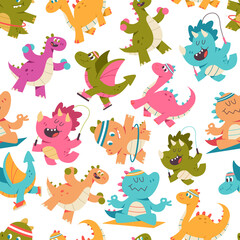 Cute dinosaurs seamless pattern vector cartoon background.