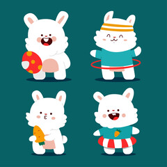 Cute rabbit with kawaii emotions vector cartoon characters set isolated on background.