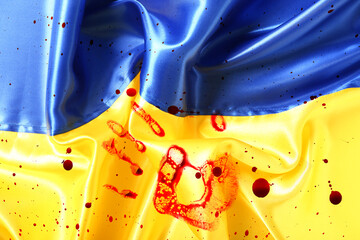 Bloody human palm print on Ukrainian flag. Stop the war