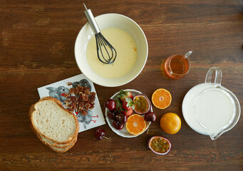 honey toast mix fruit ingredients on the wood table