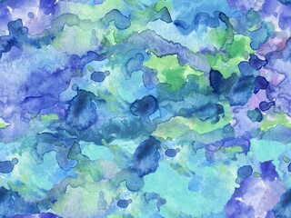 Seamless watercolor background. Bright multi-colored background with spots and streaks. Background of turquoise, green, yellow, blue watercolor stains. Juicy watercolor abstract work.