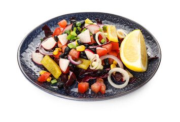 Plate of Mexican vegetable salad with black beans and radish isolated on white background
