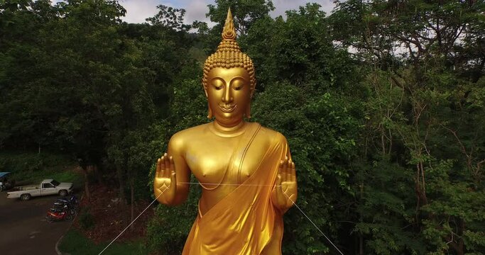 Standing gold Buddha in the forest