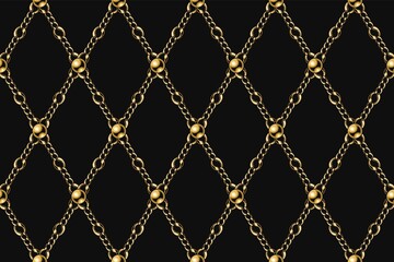 Fototapeta premium Vintage geometric gold pattern with metal chains and beads. Rhombus grid on a black background.